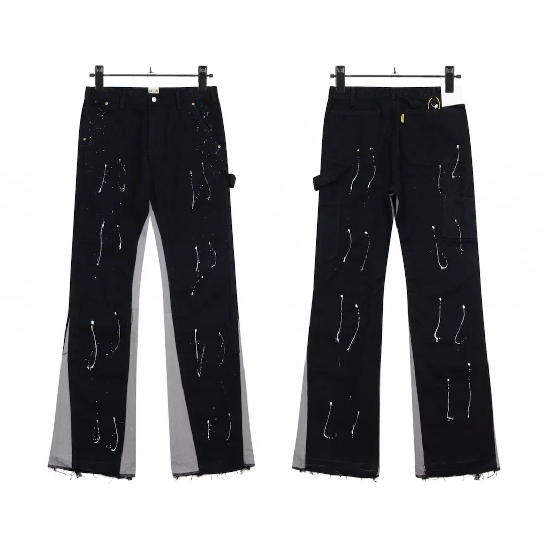#8060 P220💰 GALLERY DEPT. Spliced ​​washed vintage jeans for men and women, high street splashed ink trousers, micro-flared casual trousers, trendy couples, the same style. Time-consuming waste materials, hand-made inkjet is an indispensable highlight.   Customized buttons, the buckle surface has been oxidized and distressed, customized ykk zippers, the minimum order is extremely high, the details of the accessories are all in place, and the hangtag and packaging are as always.  Color: Black Size: S-XXL (28-36)
